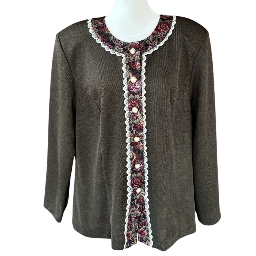 VTG 60s Shimmery Moss Green Pearl Button Top Womens 18W Floral Lace Trim Grandma